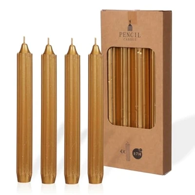 Afbeelding van COMFORDER Set staafkaarsen, 4 x tafelkaarsen, effen + geribbeld, 20 cm, 7 uur brandduur (goud)