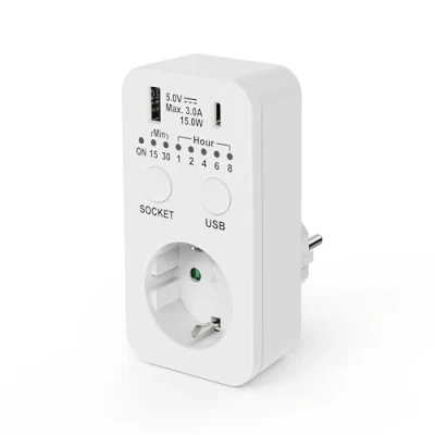 Afbeelding van conecto timer stopcontact, stopcontact met countdown schakelaar, 230 V, USB en C timer, programmeerbare 2300 watt, wit