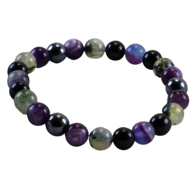 Afbeelding van Spirit Balance Armband Prehniet, Chevron Amethist, Hematiet, Regenboog Fluoriet &amp; Zwarte Toermalijn 18cm 8mm