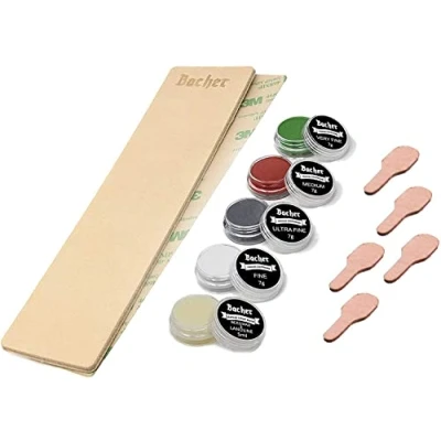 Afbeelding van BACHER Premium leer slijpsel DIY stropping set. 1/8&quot;dik, met schors gelooid rundleer (206 mm x 56 mm), 3M plakband, 4 7 g slijppasta kit