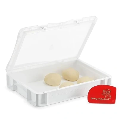 Afbeelding van RoyalFay Pizzaballenbox met ademend deksel voor ideale luchtcirculatie, Made in Germany, geschikt levensmiddelen, 30 x 40 8,5 cm, gaarbox pizzadeeg, deegbox (1 box en 1 klapdeksel)