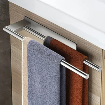 Afbeelding van Gsocel Dubbele handdoekstang, badhanddoekhouder, zelfklevend, zonder boren, 304 roestvrij staal, geborsteld, 2 armig voor keuken en badkamer, wandmontage, zilver, 39 cm