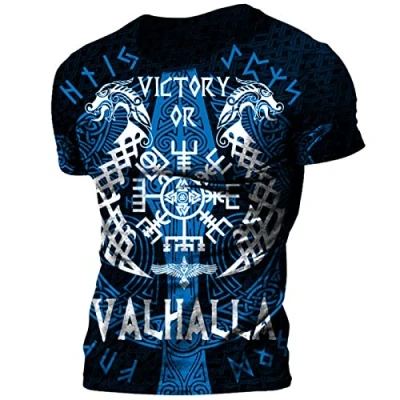 Afbeelding van PERSIMONE Heren Viking T Shirt Retro Casual Odin 3D Digitale Print Ronde Hals Korte Mouw Tops Gym Workout shirts, # 4, XXL