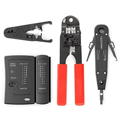 Afbeelding van deleyCON Netwerkgereedschapset 4 delig met Tas LSA Ponsgereedschap Striptang Kabeltester Krimptang voor IT Computernetwerk LAN CAT Tool RJ11 RJ12 RJ45