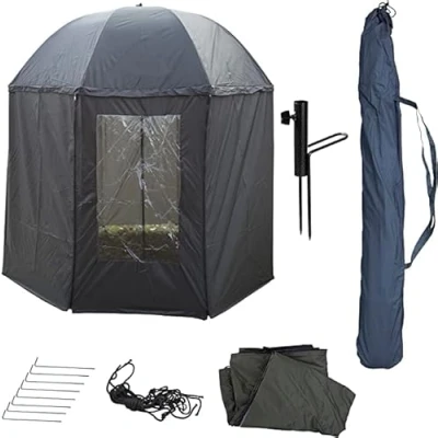 Afbeelding van PHOENIX 91109 Hengelparaplutent, Ø 250 cm, met cape, parasolstandaard en haringen, bescherming tegen regen, wind, koud uv zon, 3 mannen karperbagage + gratis etui, dark green, Klein
