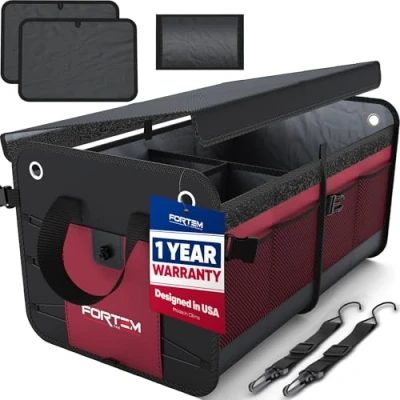 Afbeelding van FORTEM Auto Organizer, SUV Kofferbak Achterbak Opvouwbare Organizer met Vakken, Antislip Bodem, Verstelbare Bevestigingsriempjes, Opvouwbaar Deksel (2 Compartimenten, Rood)