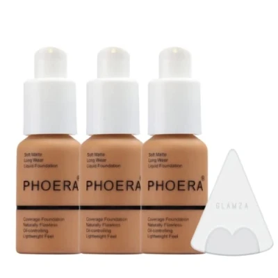 Afbeelding van Glamza Phoera foundation make up set met volledige dekking 24 uurs langdurige oliebestrijding zachte gladde matte vlekkeloze concealer crème Inc x3 30ml en siliconen blender spons (108 tan)