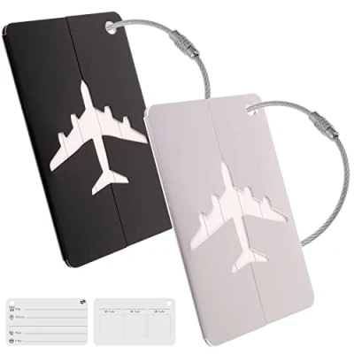 Afbeelding van Bagagelabel met adreslabel, 2 st., zwart + zilver, aluminium label, voor vliegreizen, cruise, metalen bagagelabel, naamlabel koffer, taslabel, ID label hanger