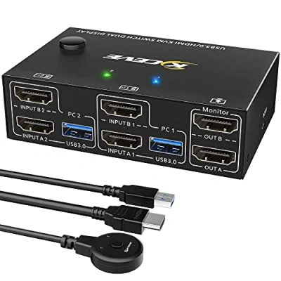 Afbeelding van YOUTINGHDAV USB 3.0 HDMI KVM switch 2 PC monitor, Simulatie EDID, 4K @60Hz uitgebreid scherm, 2.0, met twee monitoren, Share draadloos toetsenbord, muis, printer, bekabelde afstandsbediening en 4 kabels