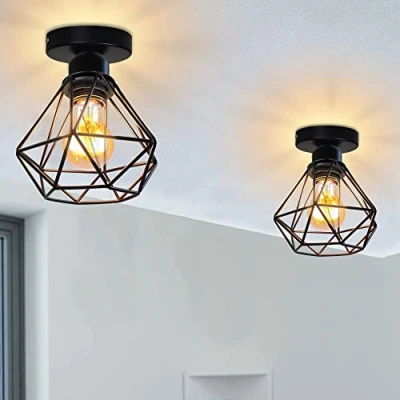Afbeelding van iDEGU Industriële plafondlamp van metaal, kooivorm, vierkant, 16 cm, kroonluchter, lampenkap, staal, lampje E27, 40 W, zwart, voor woonkamer, slaapkamer, bar (mini diamant A), 2 stuks