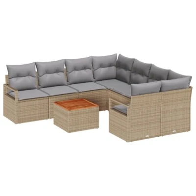 Afbeelding van vidaXL 9 delige Tuin Sofa Set met Kussens Beige Poly Riet Acacia, 2 Persoons