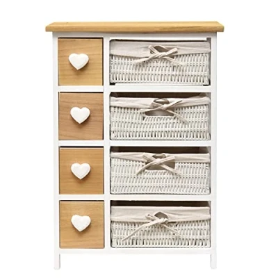 Afbeelding van Rebecca Mobili Houten Rieten Ladekast, Vintage Badkamerkast, 8 Laden, Bruin Wit, Hartknop Meet 71 X 51 D 30 cm (Hxbxd) Art. Koning 4356