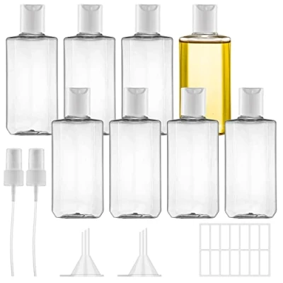 Afbeelding van 8 stuks 100 ml reisflesjes, plastic flessen, reisflessen om te vullen, transparante cosmetische flessen met sproeier, trechter en etiket voor vliegreizen, shampoo, conditioner, lotion (100 ml)