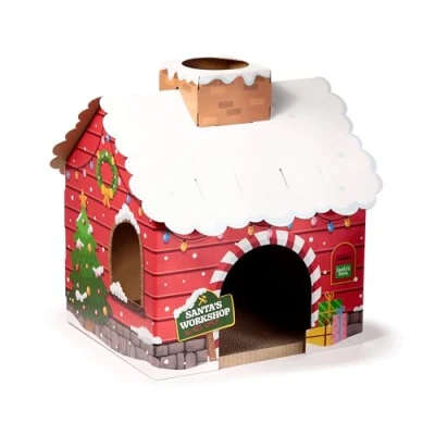 Afbeelding van Katten Speelhuisje Poes Kerst Kerstman Werkplaats Santas Workshop DIY Karton 33x55x33cm
