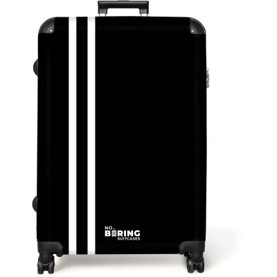Afbeelding van NoBoringSuitcases.com® Koffer groot Reiskoffer lichtgewicht Zwarte achtergrond met dubbele witte zijstrepen links Rolkoffer 4 wielen Grote trolley XL 98 liter bagage