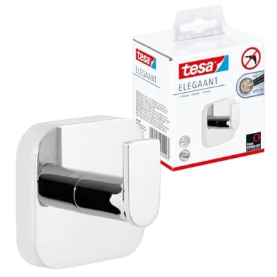 Afbeelding van tesa ELEGAANT handdoekhaak, verchroomd badkamerhaak voor wandmontage zonder boren, incl. lijmoplossing 41 mm x 50