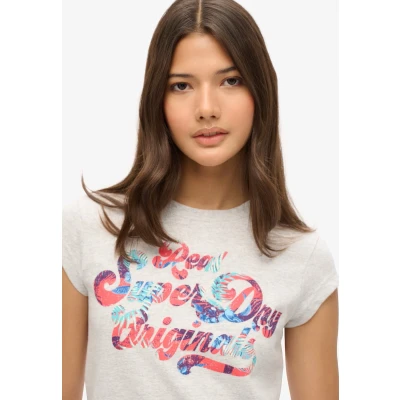 Afbeelding van Superdry Floral Scripted Sleeve Tshirt print, Dames, Maat: 40, Flake grey marl