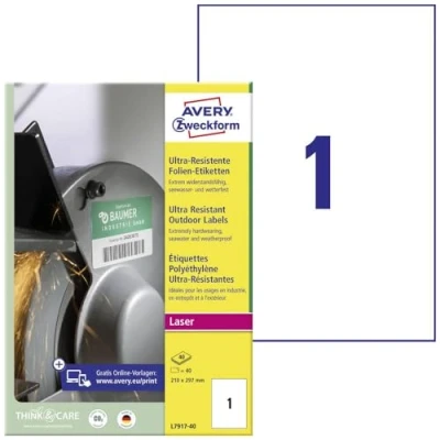 Afbeelding van Avery Zweckform L7917 40 folie etiketten 210 x 297 mm Polyethyleen Wit stuk(s) Permanent hechtend Laser (kleur), (zwart/wit), Kopiëren