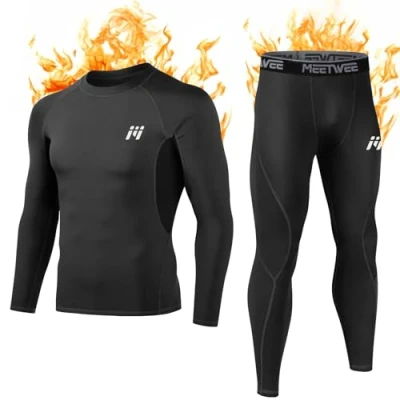Afbeelding van MEETWEE Thermische ondergoedset voor heren, winter, lange mouwen, basislaag, sneldrogende onderbroek compressiepak training, skiën hardlopen wandelen, Zwart, XXL