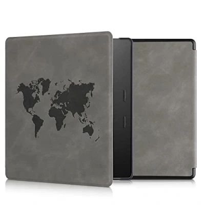 Afbeelding van kwmobile e reader hoesje compatibel met Amazon Kindle Oasis 10. Generation Kunstleren ereader cover stand Wereldkaart in grijs