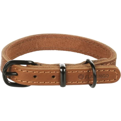 Afbeelding van Flamingo Montana halsketting van cognac leer XS/S 24,5 30,5 cm x 15 mm met klinknagels en gesp zwarte glanzende afwerking
