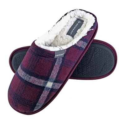 Afbeelding van Dunlop Heren warme pluche fleece gevoerde slip op muilezel gecontroleerde geruite huispantoffels, Rood, 42.5 EU