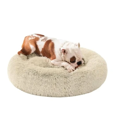 Afbeelding van Feandrea donzig hondenbed, kattenmand, donutkussen, wasbaar, uitneembare middenvulling, lang pluche, 80 cm diameter, ombré kaki PGW040S01