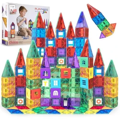 Afbeelding van Playmags 100 3D Magnetische Bouwstenen Voor Kinderen Leer Vormen, Kleuren En Alfabetten STEM Sterk magneetspeelgoed Bouwblokken Kleurrijke Duurzame Tegels &amp; Ideeënboek