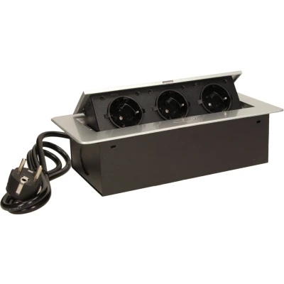 Afbeelding van Stekkerdoos met 3 stopcontacten Pop up Stekkerblok 1.5 meter kabel Inbouw Verdeelstekker RVS afwerking 230 Volt voor max. 3680 Watt Zilver
