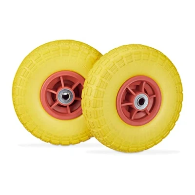 Afbeelding van Relaxdays steekwagenwiel anti lek 4.1/3.5 4 rubberen band reservewiel 2 stuks Geel rood