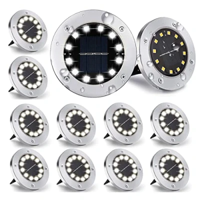 Afbeelding van Nurkoo [12 stuks] Vloerlampen op zonne energie voor buiten, 12 leds, 800 mAh, schijfverlichting met upgrade zonnepaneel, tuinlamp, solarlamp, spot decoratie gazon, trottoirs, zwembad, terrassen (koud wit)