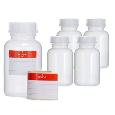 Afbeelding van Octopus 5x 250 ml flessen van LDPE met brede hals schroefdop, lege chemiefles, laboratoriumflessen deksel als opbergvak voor laboratorium, keuken of hobby