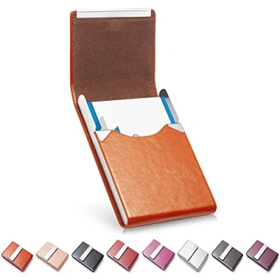 Afbeelding van Visitekaarthouder, Luxe Microfiber Lederen Visitekaarthouder Hoes, Metalen Kaarthouder Zakje, Slanke Naam Kaarthouder, Portemonnee voor Vrouwen &amp; Mannen met Magnetische Sluiting (Oranje)