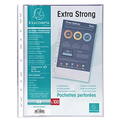 Afbeelding van Exacompta Ref. 59110E Zakje van 100 Premium geperforeerde showtassen in gestructureerd polypropyleen Dikte 8/100e Universele perforatie 11 gaten A4 formaat Kleurloos