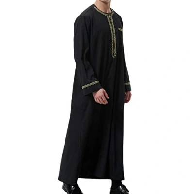 Afbeelding van Kaftan voor heren, moslims, met ronde hals, lange mouwen, retro tuniek, zwart, XL