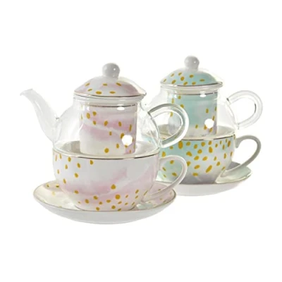 Afbeelding van Theepot DKD Home Decor Kristal Porselein Roze Transparant Wit Groen (2 Stuks)