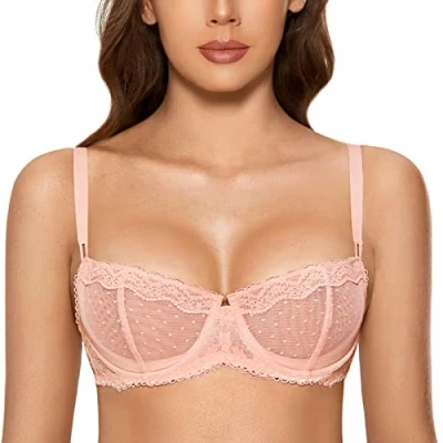 Afbeelding van DOBREVA Balconette Beha Dames met Beugel Dirndl Push Up Sexy Beha&#039;s Kant Grote Maten Ongevoerd Peachy Keen 80C