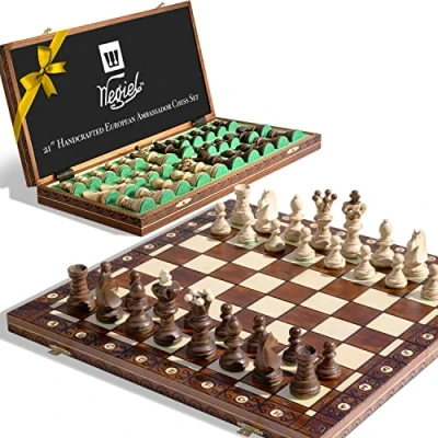 Afbeelding van Ambassador Luxe Houten Schaakspel 52 x cm Inklapbaar Schaakspel/schaakbord met Schaakstukken Handgemaakt in Polen Chess Board/Set