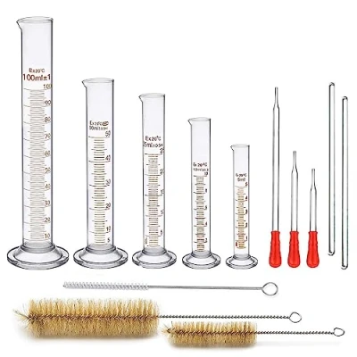 Afbeelding van Jestool meetcilinder, 13 stuks, dik glas, gegradueerde glazen set chemicaliën, meetgereedschappen met 5 meetcilinders, ml, 10 25 50 100 3 wasborstels, pipetten en 2 staafjes.