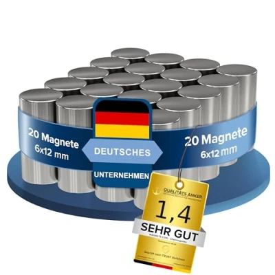 Afbeelding van 20x Neodymium powermagneet zilver staafmagneet extra sterk lang diameter 6x12mm sterke magneten supermagneet hechtkracht ca. 1,3 kg voor whiteboard, prikbord, magneetbord,
