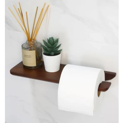 Afbeelding van Toiletpapierhouder van hout, zonder boren, massief houten toiletpapierhouder, zelfklevend, bamboe, badkameraccessoires