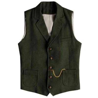 Afbeelding van Tuikayoo Heren Western Herringbone Tweed Pak Vest Wol Slim Fit Vest, legergroen, M