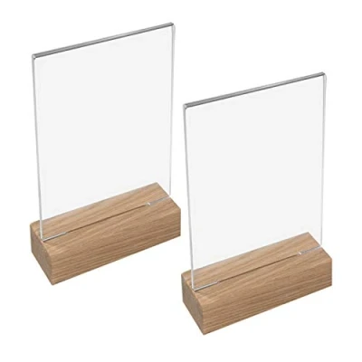 Afbeelding van HMF 46940 acryl tafelstandaard met houten voet, 2 stuks, DIN A6 staand formaat, doorzichtig