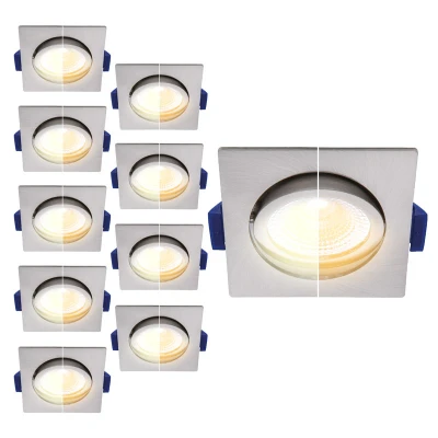 Afbeelding van Voordeelpak 10x Led inbouwspot badkamer nikkel/RVS, vierkant, dim to warm (3000K 2000K), kantelbaar, 5W=50W, zaagmaat Ø75mm, buitenmaat Ø85mm, 23mm diep