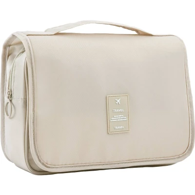 Afbeelding van Homiefy toilettas Dames Make up tasje met haak Ophangbare hangend Reis mannen Beige