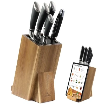 Afbeelding van Navaris universeel messenblok zonder messen Met mobiel/iPad/kookboek houder Houten Voor alle keukenmessen en koksmessen Acaciahout