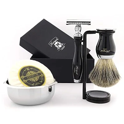 Afbeelding van Haryali London 5 delige scheerset, dubbele rand veiligheidsscheermes, zwarte kleur badger borstel, zeep, kom, standaard, set als cadeau, 1 g