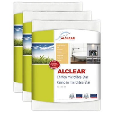 Afbeelding van Alclear 950006_3 Star Microvezeldoek, speciale doek die kalkranden zonder chemische reinigingsmiddelen verwijdert, voor badkamer, toilet en keuken, mensen met allergieën, 40 x 45 cm, wit, 3 stuks