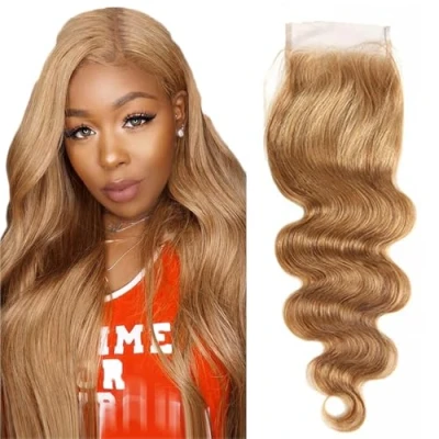 Afbeelding van Tuheerst 4x4 Lace Frontal Closure Blonde Body Wave Human Hair Real Braziliaans haar #27 Blond Pre Plucked with Baby 100% Unprocessed Virgin 14 Inches
