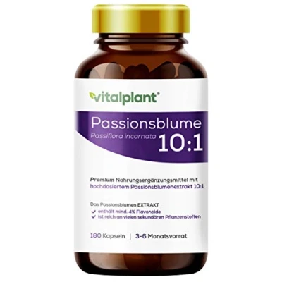 Afbeelding van Vitalplant® Passiebloemen extract 10:1 in bruin glas 3750 mg passiebloemkruid per capsule 180 stuks voordelige 6 maandvoorraad Made farmaceutische fabriek Duitsland Veganistisch